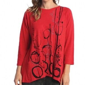 Jess & Jane Tunic NWT Size 2X Red Abstract Graphic Cotton 3/4 Sleeve